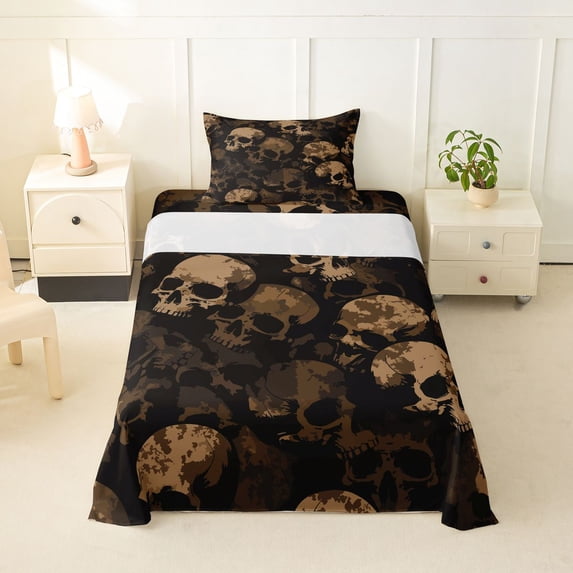 Homewish Goth Sugar Skull Twin Sheets,Skeleton Halloween Bedding,Brown,3 Pieces,1 Fitted Sheet and 1 Pillowcase