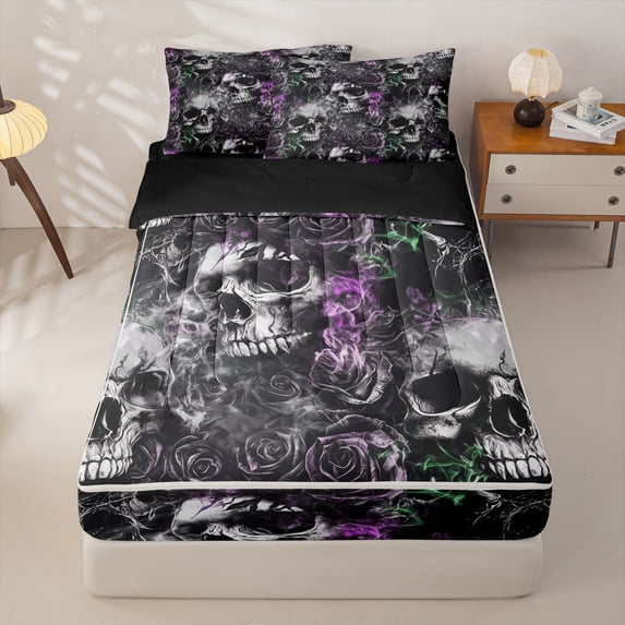 Homewish Goth Sugar Skull Zipper Twin Comforter Sets with Fitted Sheet and 2 Pillowcases,Spooky Halloween Zipper Bedding Set,Rose Flower Bed Set,Black Reversible,4pcs