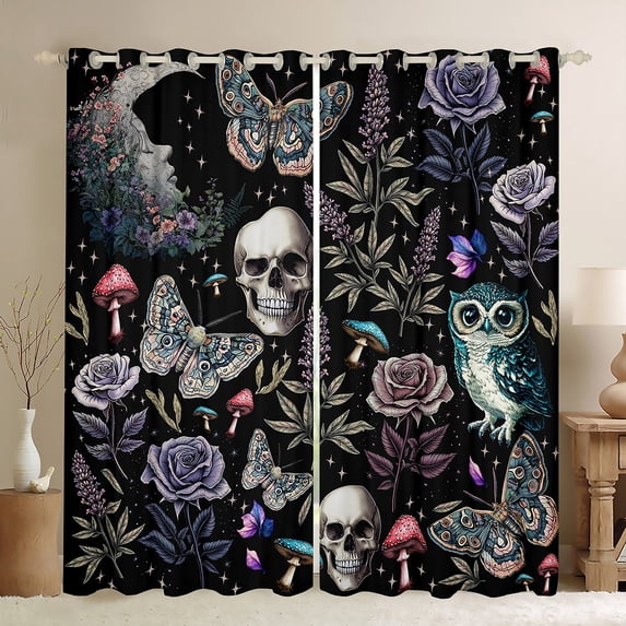 Homewish Gothic Boho Skeleton Black Out Curtains for Teens, Hippie Butterfly Moth Curtains Pack of 2 (42x63 Each), Romantic Rose Floral Bedroom Curtains, Curtains and Drapes Decor