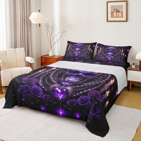 Homewish Gothic Coquette Purple Skull Art Queen Sheets for Women, Rose Bow Pearl Heart Queen Sheet Sets, 4-Piece, 1 Flat Sheet, 1 Fitted Sheet and 2 Pillowcases