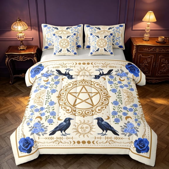 Homewish Gothic Crow Moth Twin Bedding, Blue Flowers Bedding Comforter Set, Sun Moon Decor, Gray Reversible 7pcs