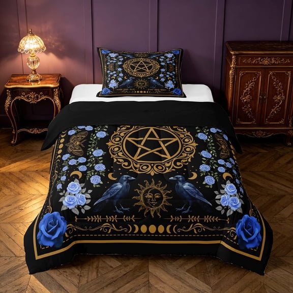 Homewish Gothic Crow Moth Twin Comforter Sets, Blue Flowers Bedding Set, Black Sun Moon Decor, Black Reversible 2pcs, 1 Comforter and 1 Pillowcase