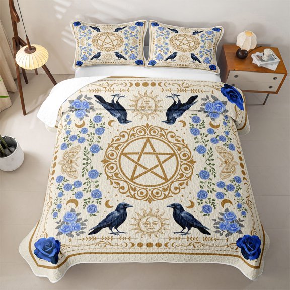 Homewish Gothic Crow Moth Twin Quilt Set, Blue Flowers Twin Coverlet Set, Sun Moon Decor, 2pcs 1 Bedspread and 1 Pillowcase
