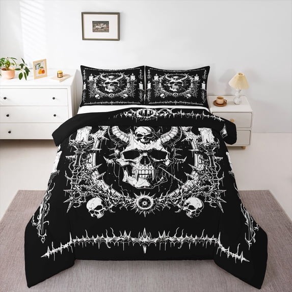 Homewish Gothic Death Skull Full Size Comforter Sets,Horror Halloween Bedding Comforter Set,Black White,Black Reversible,3pcs,1 Comforter and 2 Pillowcases