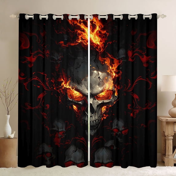 Homewish Gothic Glowing Skull Blackout Curtains,Happy Halloween Curtains Pack of 2 (42x84 Each),Orange Gray