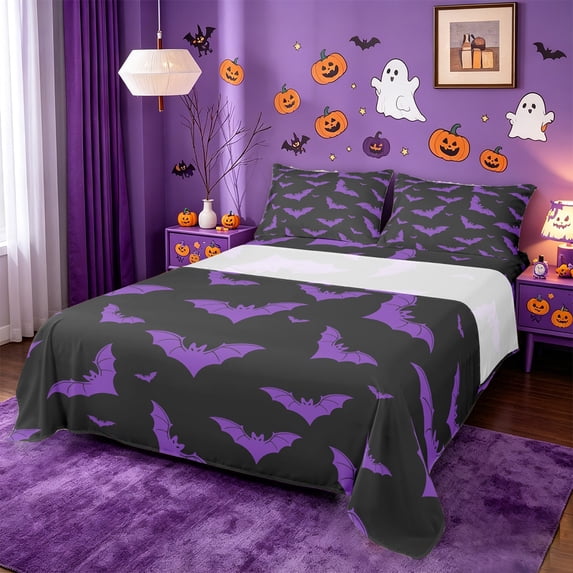 Homewish Gothic Halloween Bat Bed Sheets,Purple Silhouette Print Full Size Sheets,Black Violet,4-Piece,1 Flat Sheet,1 Fitted Sheet and 2 Pillowcases