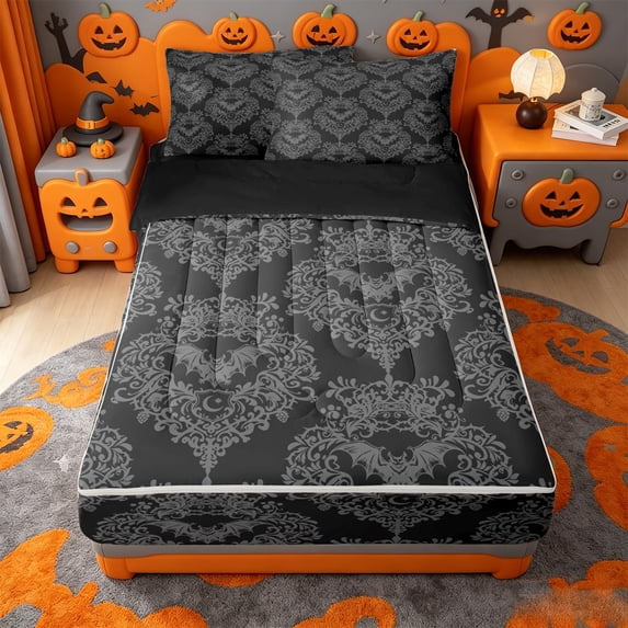 Homewish Gothic Halloween Bat Damask Zipper Twin Comforter Sets with Fitted Sheet and 2 Pillowcases,Vintage Damask Print Zipper Bedding Set,Black Gray,Black Reversible,4-Piece