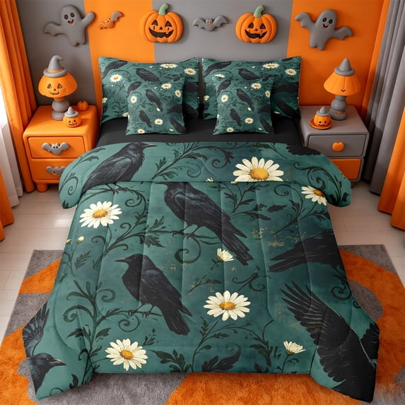 Homewish Gothic Halloween Crow 7-Piece Twin Bedding,Daisy Floral Pattern Bedding Comforter Set,Dark Teal White,Black Reversible