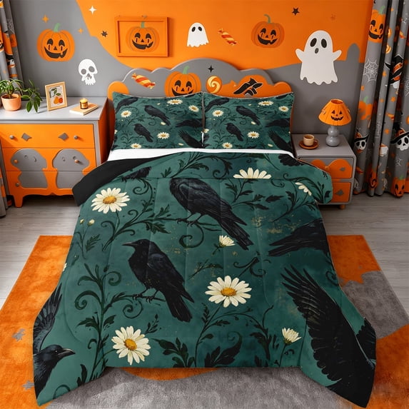 Homewish Gothic Halloween Crow Full Size Comforter Sets,Daisy Floral Pattern Bedding Comforter Set,Dark Teal White,Black Reversible,3-Piece,1 Comforter and 2 Pillowcases