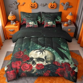 Homewish Gothic Halloween Crow Skull 7 Pieces Full Size Bedding Sets,Red Rose Pattern Full Size Bed in a Bag,Dark Teal Black Red,Black Reversible