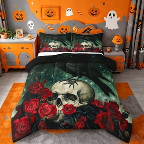 Homewish Gothic Halloween Crow Skull Queen Comforter Set,Red Rose Pattern Comforter Sets Queen,Dark Teal Black Red,Black Reversible,3 Pieces,1 Comforter and 2 Pillowcases
