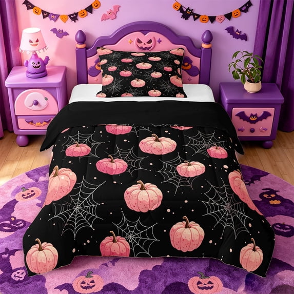 Homewish Gothic Halloween Pumpkin Twin Comforter Sets,Spider Web Print Bedding Set,Black Blush Pink,Black Reversible,2pcs,1 Comforter and 1 Pillowcase