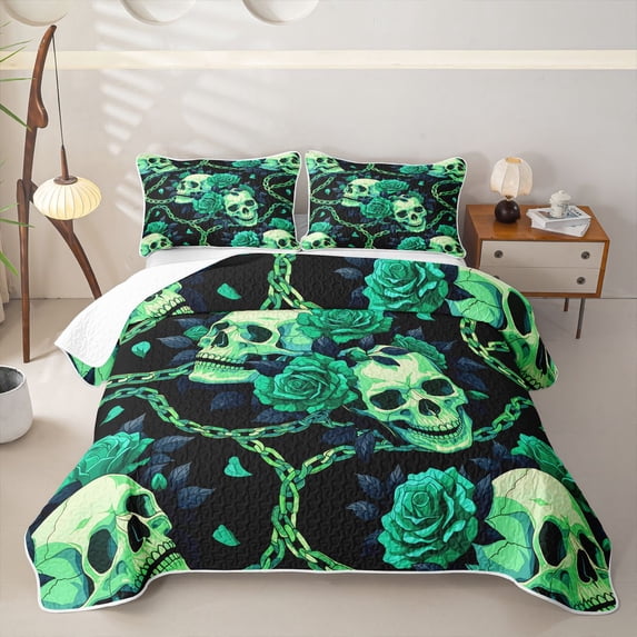 Homewish Gothic Halloween Skeleton Bed Spread Queen,Rustic Plant Flowers Queen Coverlet Set,3-Piece