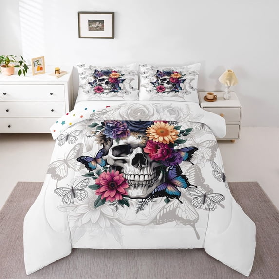Homewish Gothic Halloween Skeleton Full Size Comforter Sets,Multicolor Floral Butterflies Bedding Comforter Set,Polkadot Reversible,3-Piece,1 Comforter and 2 Pillowcases