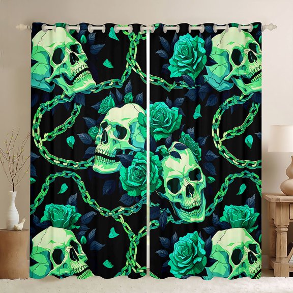 Homewish Gothic Halloween Skeleton Kitchen Curtains,Rustic Plant Flowers Black Out Curtains Pack of 2 (42x63 Each)