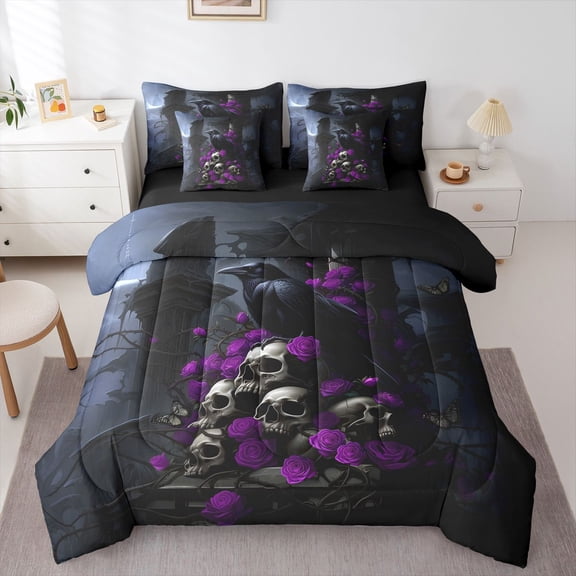 Homewish Gothic Halloween Skull 7 Pieces Full Size Bedding Sets,Black Raven Full Size Bed in a Bag,Purple Rose Floral Bed Set,Black Reversible
