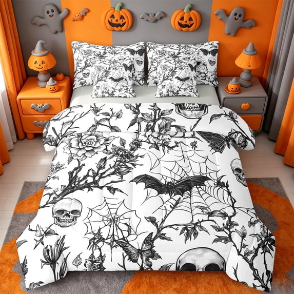 Homewish Gothic Halloween Skull Bat 7-Piece Twin Bedding,Rose Spider Web Print Bedding Comforter Set,White Black,Light Gray Reversible