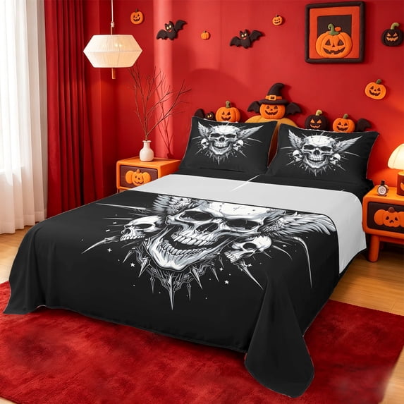 Homewish Gothic Halloween Skull Bed Sheets,3D Skeleton Pattern Full Size Sheets,Black White,4pcs,1 Flat Sheet,1 Fitted Sheet and 2 Pillowcases