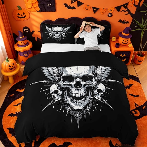 Homewish Gothic Halloween Skull Bedding,3D Skeleton Pattern Duvet Cover Full,Black White,Black Reversible,3pcs,1 Duvet Cover and 2 Pillowcases