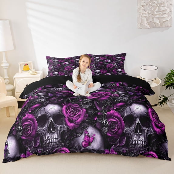 Homewish Gothic Halloween Skull Bedding,Purple Rose Flowers Duvet Cover Full,Black Reversible,3pcs,1 Duvet Cover and 2 Pillowcases