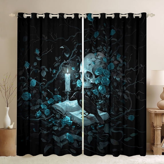 Homewish Gothic Halloween Skull Blackout Curtains Set of 2 (52x84 Each),Blue Rose Flowers Curtain