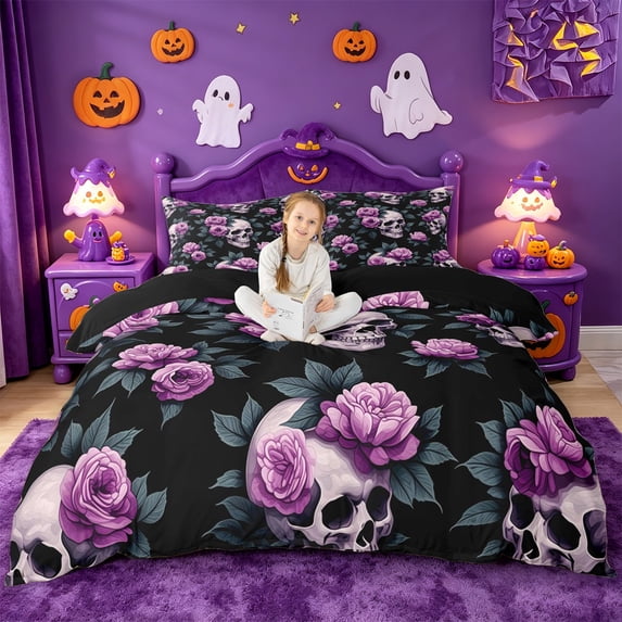 Homewish Gothic Halloween Skull Duvet Cover Queen,Purple Rose Leaf Print Queen Bedding,Black Lavender,Black Reversible,3-Piece,1 Duvet Cover and 2 Pillowcases