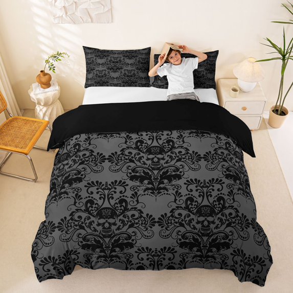 Homewish Gothic Halloween Skull Duvet Cover Queen,Victorian Damask Queen Bedding,Gray,Black Reversible,3 Pieces,1 Duvet Cover and 2 Pillowcases