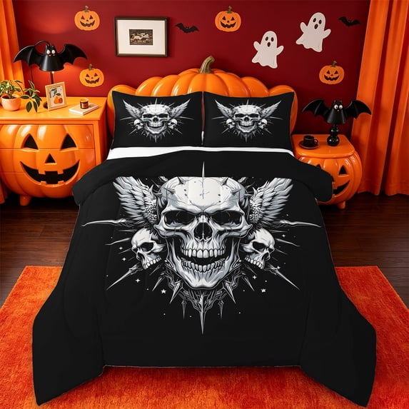 Homewish Gothic Halloween Skull Full Size Comforter Sets,3D Skeleton Pattern Bedding Comforter Set,Black White,Black Reversible,3pcs,1 Comforter and 2 Pillowcases