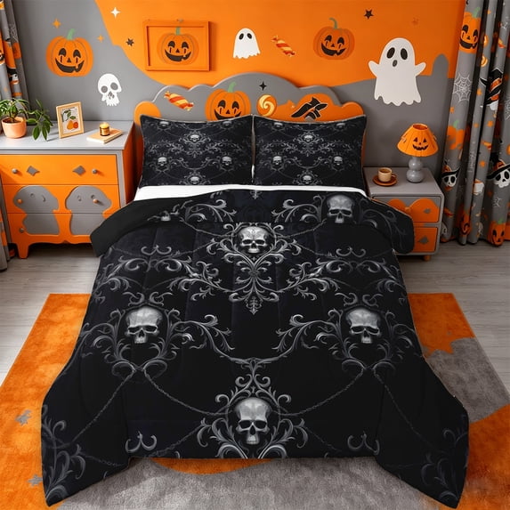 Homewish Gothic Halloween Skull Queen Comforter Set,Vintage Damask Pattern Comforter Sets Queen,Black Silver,Black Reversible,3pcs,1 Comforter and 2 Pillowcases