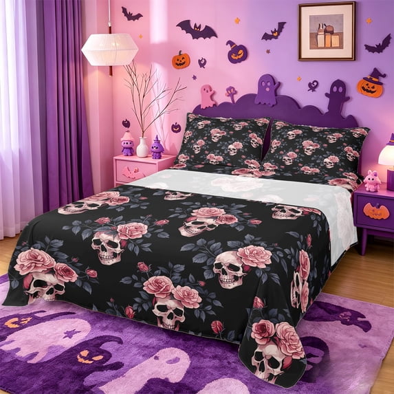 Homewish Gothic Halloween Skull Queen Sheets,Pink Rose Branch Print Queen Sheet Sets,Black Dusty Rose,4-Piece,1 Flat Sheet,1 Fitted Sheet and 2 Pillowcases