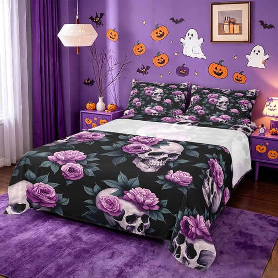 Homewish Gothic Halloween Skull Queen Sheets,Purple Rose Leaf Print Queen Sheet Sets,Black Lavender,4-Piece,1 Flat Sheet,1 Fitted Sheet and 2 Pillowcases