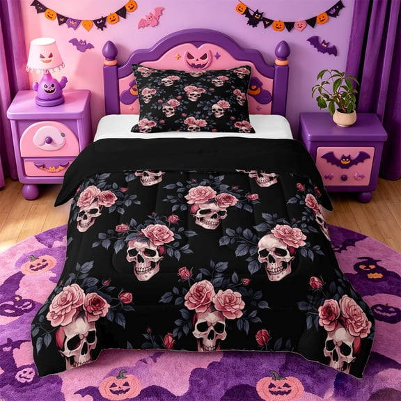 Homewish Gothic Halloween Skull Twin Comforter Sets,Pink Rose Branch Print Bedding Set,Black Dusty Rose,Black Reversible,2 Pieces,1 Comforter and 1 Pillowcase