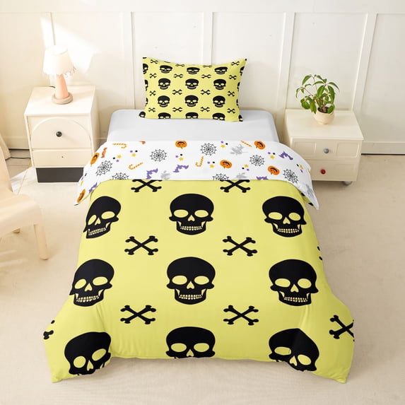Homewish Gothic Halloween Skull Twin Duvet Cover,Yellow Black Twin Bedding,Halloween Reversible,2 Pieces,1 Duvet Cover and 1 Pillowcase