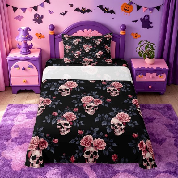 Homewish Gothic Halloween Skull Twin Sheets,Pink Rose Branch Print Bedding,Black Dusty Rose,3 Pieces,1 Fitted Sheet and 1 Pillowcase