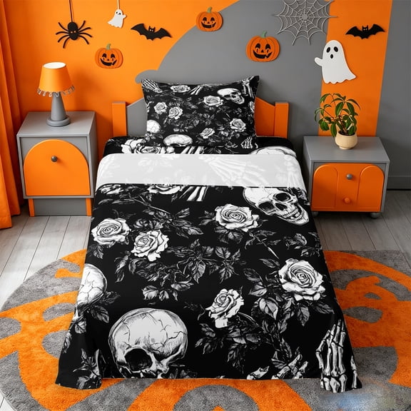 Homewish Gothic Halloween Skull Twin Sheets,Spooky Rose Print Bedding,Black White,3-Piece,1 Fitted Sheet and 1 Pillowcase