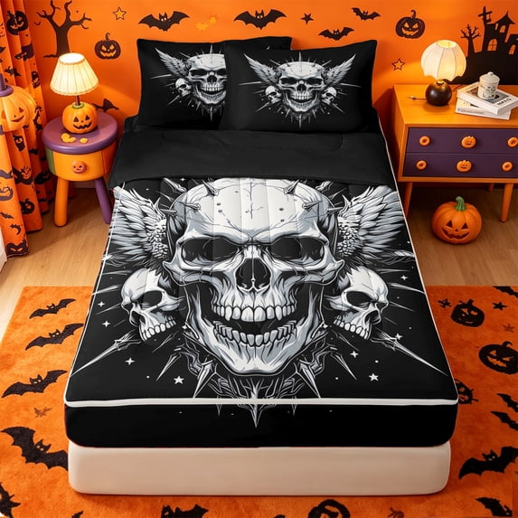 Homewish Gothic Halloween Skull Zipper Full Size Comforter Sets with Fitted Sheet and 2 Pillowcases,3D Skeleton Pattern Zipper Bedding Set,Black White,Black Reversible,4pcs