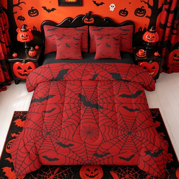 Homewish Gothic Halloween Spider Web 7-Piece Twin Bedding,Bat Spooky Pattern Bedding Comforter Set,Red Black,Black Reversible