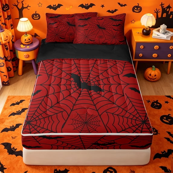 Homewish Gothic Halloween Spider Web Zipper Twin Comforter Sets with Fitted Sheet and 2 Pillowcases,Bat Spooky Pattern Zipper Bedding Set,Red Black,Black Reversible,4 Pieces