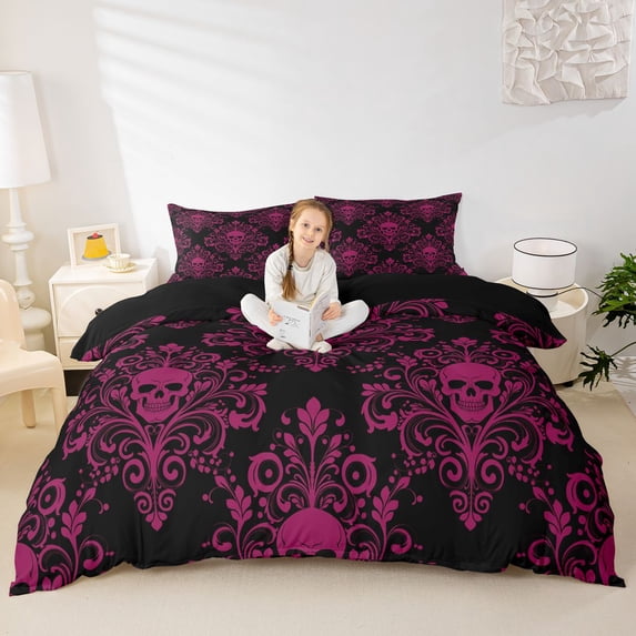 Homewish Gothic Horror Skull Bedding,Victorian Damask Duvet Cover Full,Halloween Comforter Cover,Black Reversible,3-Piece,1 Duvet Cover and 2 Pillowcases