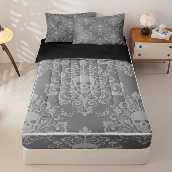 Homewish Gothic Horror Skull Zipper Queen Comforter Set with Fitted Sheet and 2 Pillowcases,Gray Damask Zipper Bedding Set,Halloween Bed Set,Black Reversible,4pcs