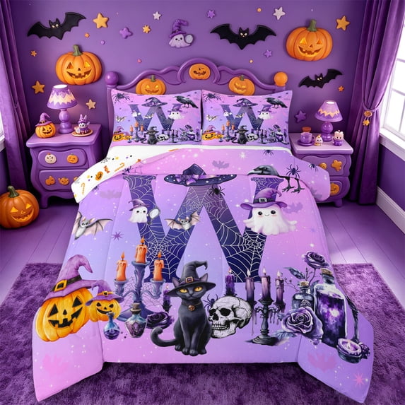 Homewish Gothic Letter W Full Size Comforter Sets,Cute Halloween Ghost Pumpkin Lantern Bedding Comforter Set,Halloween Reversible,3pcs,1 Comforter and 2 Pillowcases