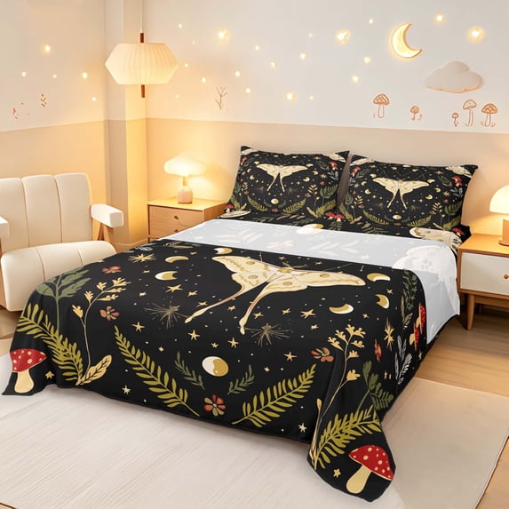 Homewish Gothic Moths Bed Sheets,Wild Plant Mushrooms Full Size Sheets,Black Cream,4pcs,1 Flat Sheet, 1 Fitted Sheet and 2 Pillowcases