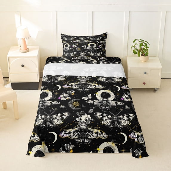 Homewish Gothic Moths Skull Twin Sheets,Moon Floral Bedding,Cream Black,Halloween Bed Set,3 Pieces,1 Fitted Sheet and 1 Pillowcase