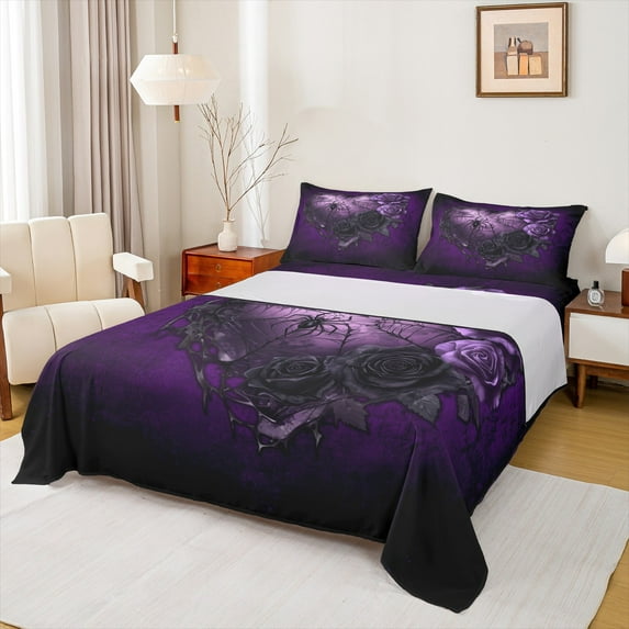 Homewish Gothic Purple Rose 3pcs Twin Sheet Sets For Teens Adults,Flowers Love Heart Twin Fitted Sheet,Black Spider Web Breathable Flat Sheet,Exotic Style Bedroom Decor