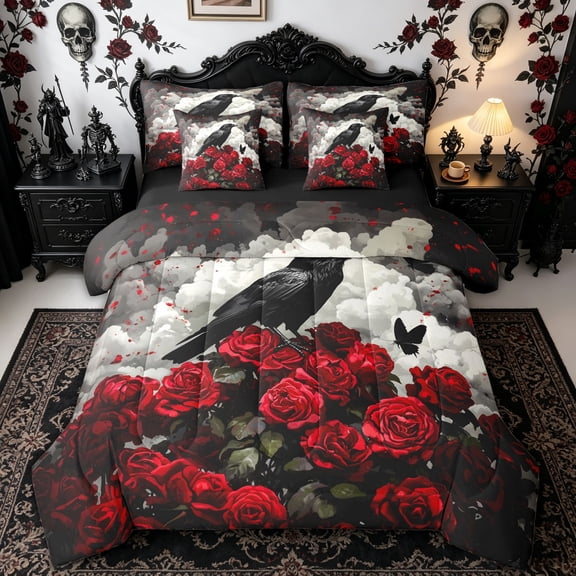 Homewish Gothic Raven Red Rose Twin Bedding for Kids, Romance Bird Butterfly Bedding Comforter Set, Black Reversible, 7pcs
