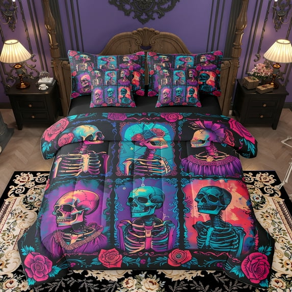 Homewish Gothic Romantic 7-Piece Bedding Comforter Set,Valentine Rose Flower King Bedding Sets,Spooky Skeleton Skull Bed Sheets For Boys Girls,Super Cozy Room Decor Reversible