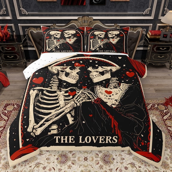 Homewish Gothic Romantic Bedding Comforter Set,Spooky Skeleton Skull Twin Comforter Sets,Cartoon Loves Pattern Bedding Set For Kids,Luxury Bedroom Decor Reversible,2pcs