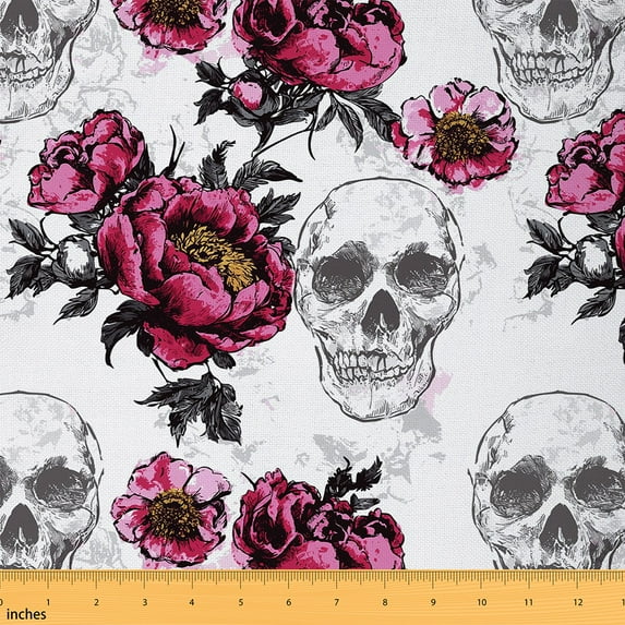 Homewish Gothic Romantic Fabric by the Yard 1 Yard,Rustic Flower Floral Home Decor Fabric by the Yard,Spooky Halloween Skeleton Sewing Fabric For Girls Teens,Luxury Bedroom Decor