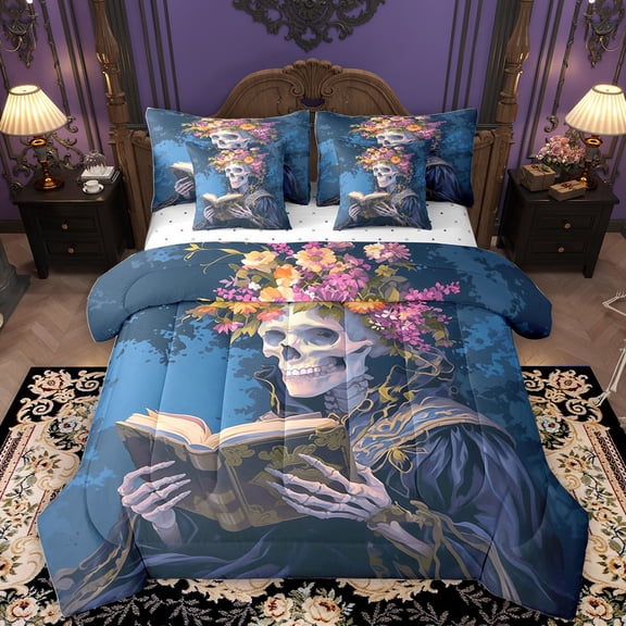 Homewish Gothic Skeleton 7-Piece Bedding Comforter Set,Colorful Flower Wreath King Bedding Sets,Bohemain Style Bed Sheets For Men Women,Super Cozy Room Decor Reversible