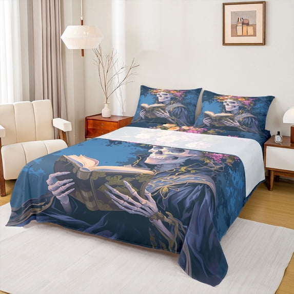 Homewish Gothic Skeleton Bed Sheets,Colorful Flower Wreath King Sheets,Bohemain Style Sheet Set For Men Women,Super Cozy Room Decor,4 Pieces